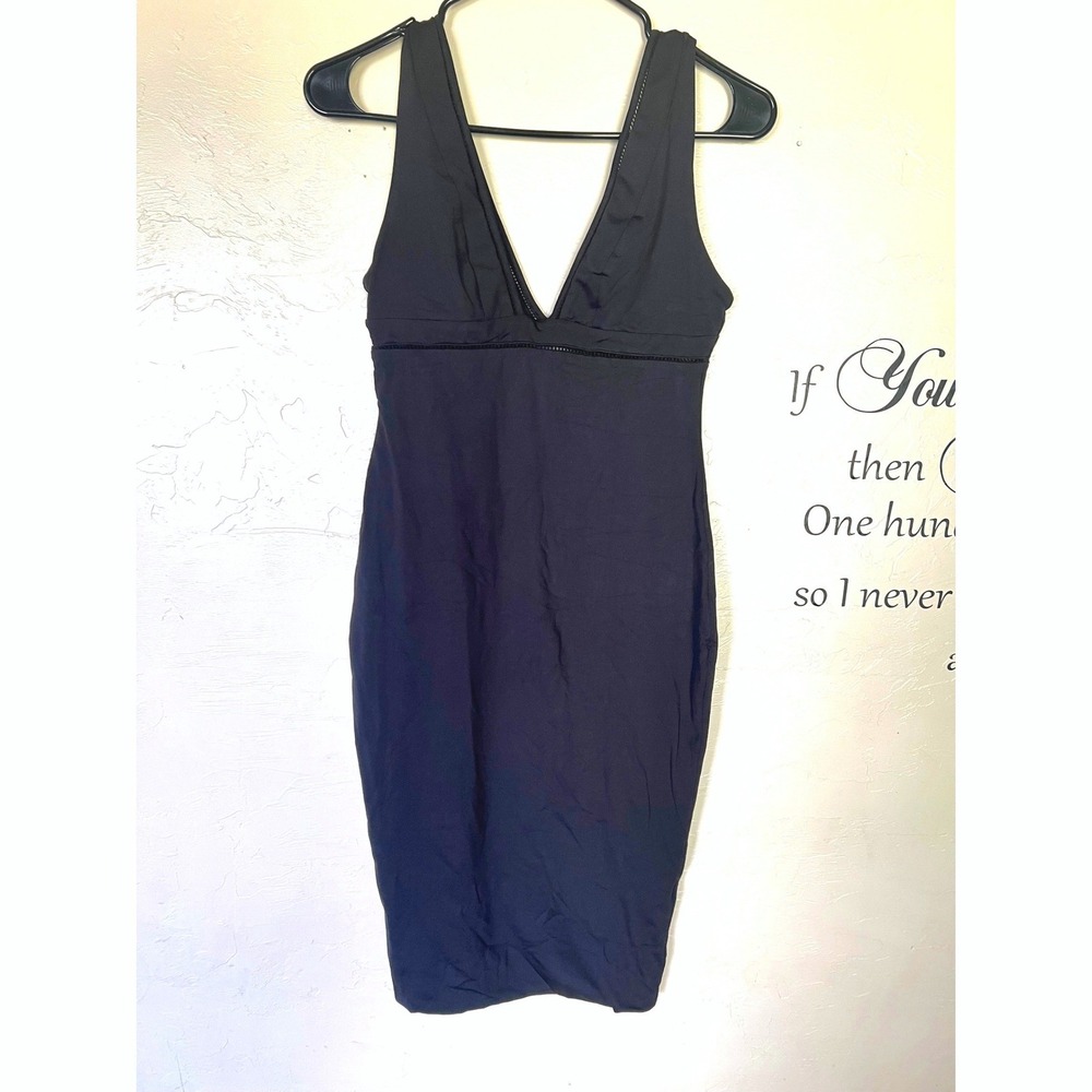 Kookai Black V-Neck Bodycon Midi Dress Ladder Stitch LBD 2 Minimalist Date Sexy